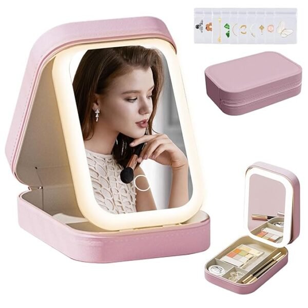 LED Travel Jewelry Case and Makeup Bag with Mirror